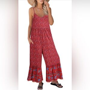 Red Floral Jumpsuit with Blue Accents